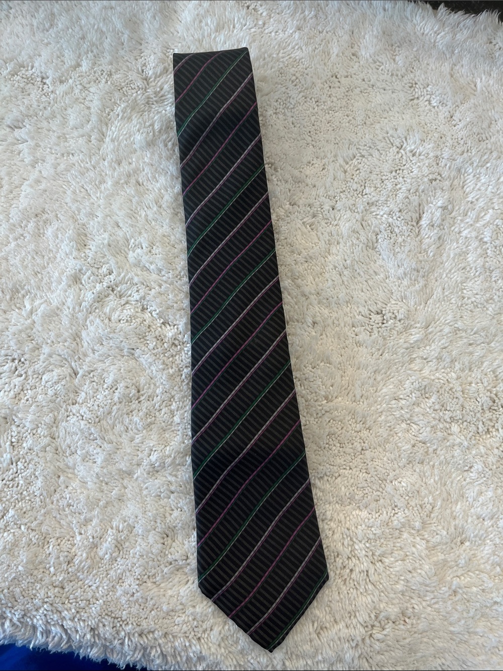 Vintage Lanvin Black Silk Tie with Pink, Green and Silver-white Stripes